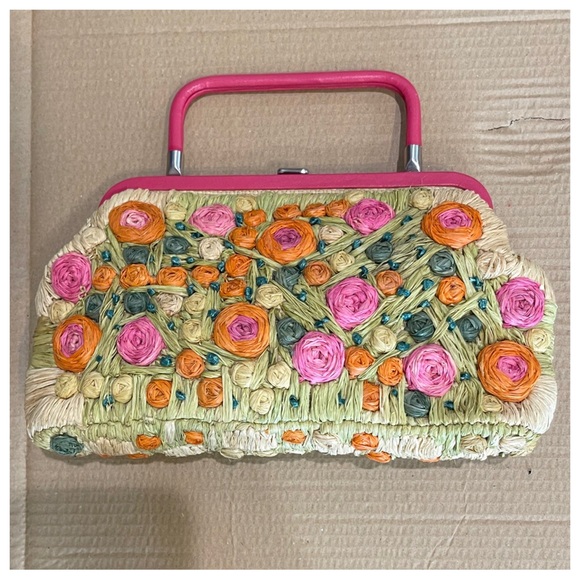 Ann Taylor Floral Straw Mini Bag Clutch Lined With Clasp - Picture 2 of 7